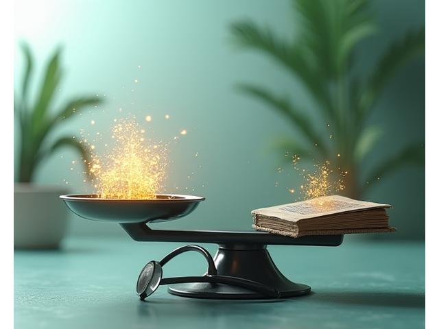 Simbolo di un bilancia che equilibra informazioni digitali e il consiglio medico, sottolineando la distinzione.